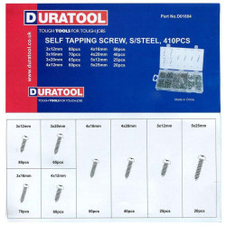 Duratool, Self Tapping Screw Set, Stainless Steel, 8 Sizes, 410 Pcs, D01884