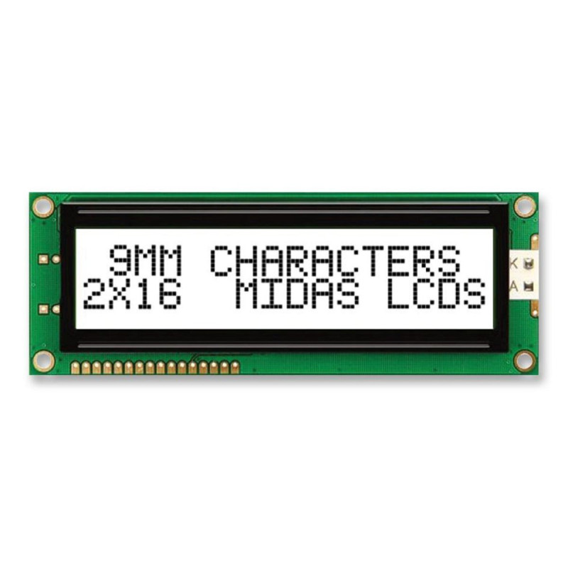 Midas (MC21609AB6W-FPTLW-V2) Alphanumeric LCD, 16 x 2, Black on White, 5V