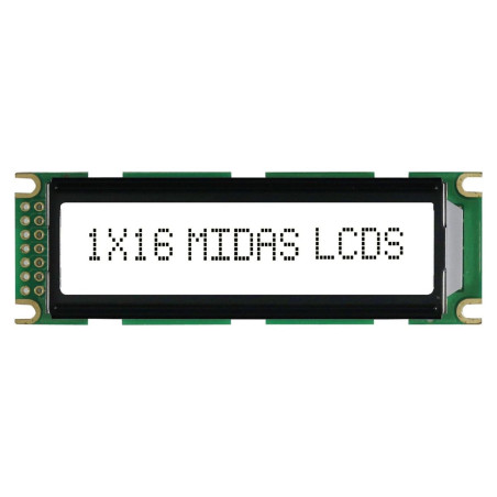 Midas (MC11606C6WR-FPTLW) Alphanumeric LCD, 16 x 1, Black on White