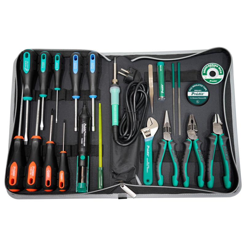 PROSKIT INDUSTRIES ( PK-813 EU) Tool Kit, Electrical Appliances Repair, EU, Pre-Soft Screwdrivers, Desolder Pump, Plier, Bag 379