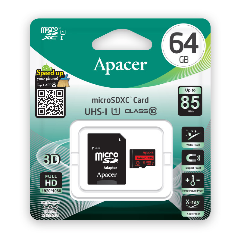 Apacer 64GB Class 10 Micro Sd+Adaptor   Retail Box   Limited Lifetime Warranty AP64GMCSX10U5-R