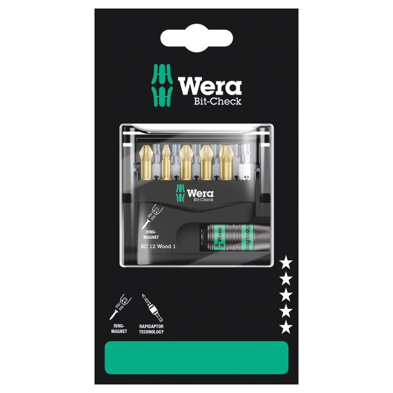 Wera (BIT-CHECK 12 WOOD 1 SB) Hex Bit Set  12 Piece