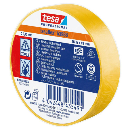 Tesa - Yellow 25M X 19MM Electrical Insulation Tape  PVC  19mmx25m