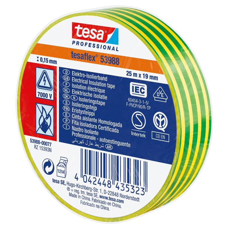 Tesa (53988 GREEN/YELLOW 25M X 19MM) Electrical Insulation Tape 19mmx25m