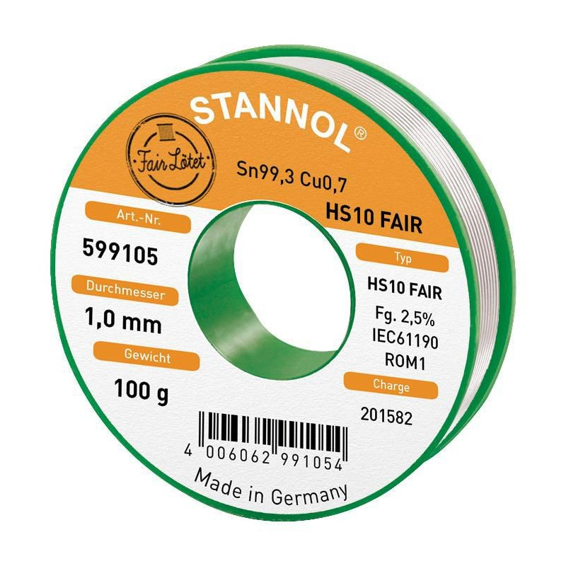 Stannol (HS10 FAIR, 1.0MM, 100G) Solder Wire, 99.3/0.7, 1mm Diameter, 100g