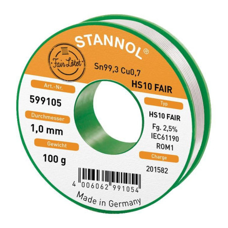 Stannol (HS10 FAIR, 1.0MM, 100G) Solder Wire, 99.3/0.7, 1mm Diameter, 100g